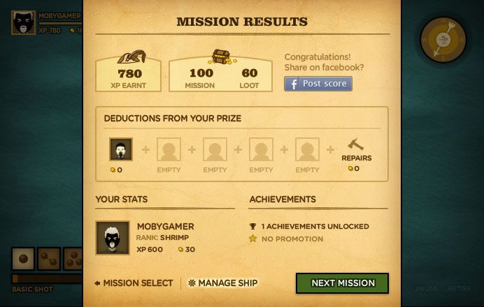 Trafalgar Origins (Browser) screenshot: Mission results, you earn experience and gold.