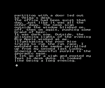 The Big Sleaze (ZX Spectrum) screenshot: Zenobi Software release: The second game screen and the end of the backstory