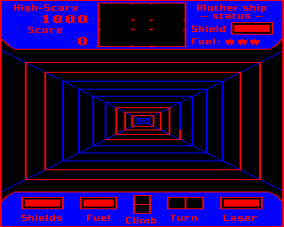 Cylon Attack (BBC Micro) screenshot: The ship is launched from the main mothership.