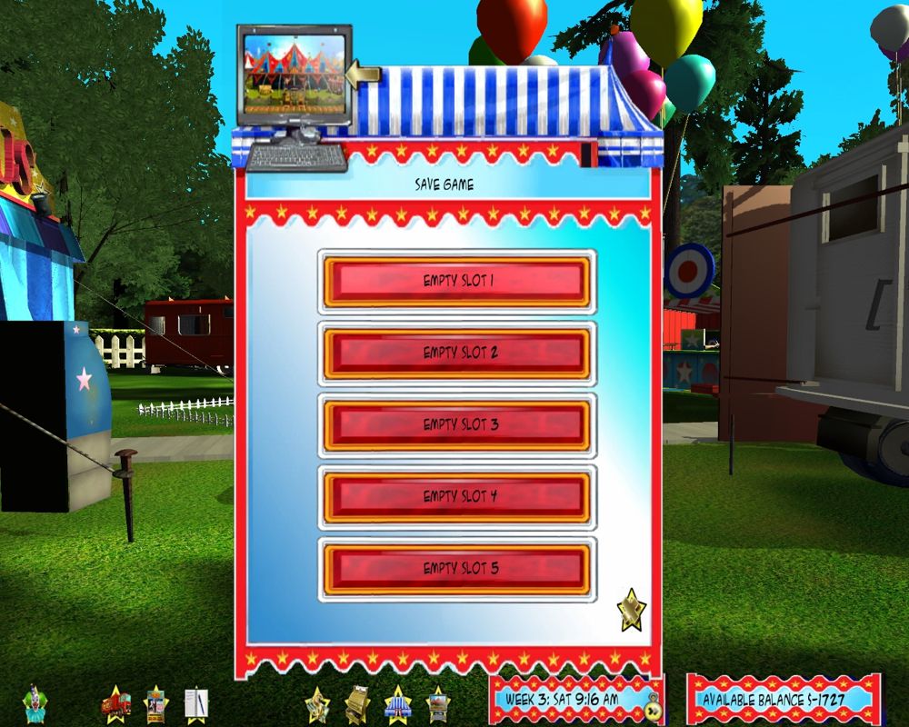 Circus World (Windows) screenshot: The SAVE GAME screen