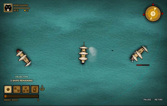 Trafalgar Origins (Browser) screenshot: Shooting a single cannon ball towards another vessel.