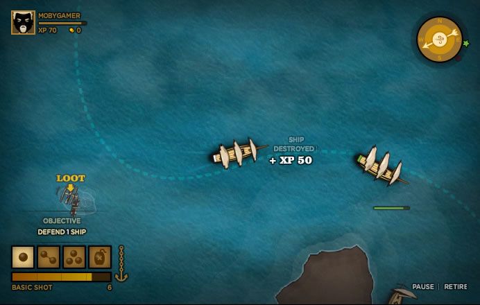 Trafalgar Origins (Browser) screenshot: Defending another ship along a set route.