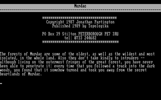 Avon + Monsters of Murdac (DOS) screenshot: Murdac: title and introduction