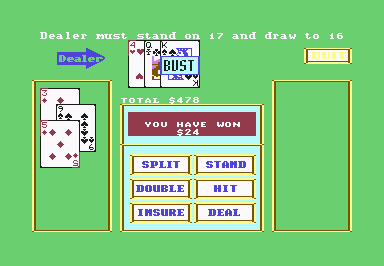 Vegas Gambler (Commodore 64) screenshot: I stood on 17 and the dealer busted. I won.