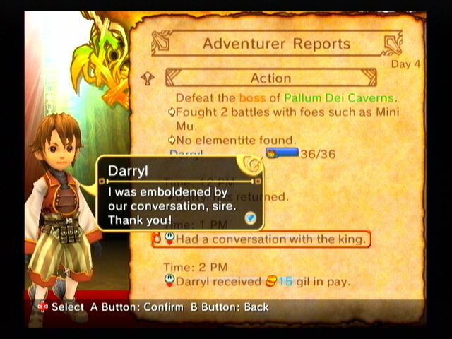 Final Fantasy: Crystal Chronicles - My Life as a King (Wii) screenshot: Talking to your underlings will fill them with pride and stat bonuses.
