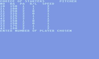 Computer Baseball Strategy (Atari 8-bit) screenshot: Pitcher selection
