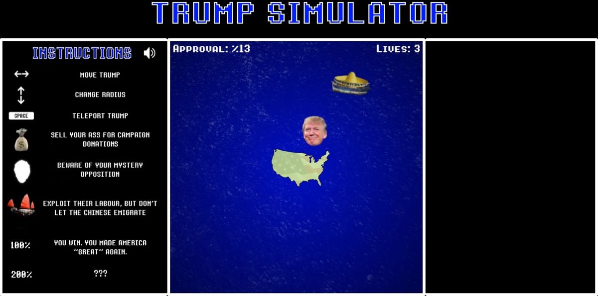 Trump Simulator (Browser) screenshot: Trump defending America from immigrants trying to enter the country