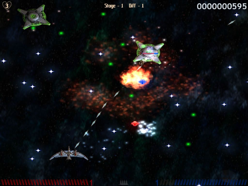 Pteroglider (Windows) screenshot: Destroyed enemies leave behind stars granting points.
