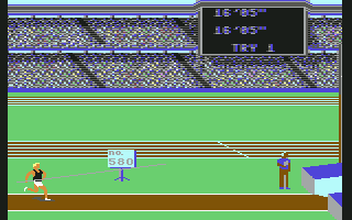 The Games: Summer Edition (Commodore 64) screenshot: Pole Vault - getting ready to vault.