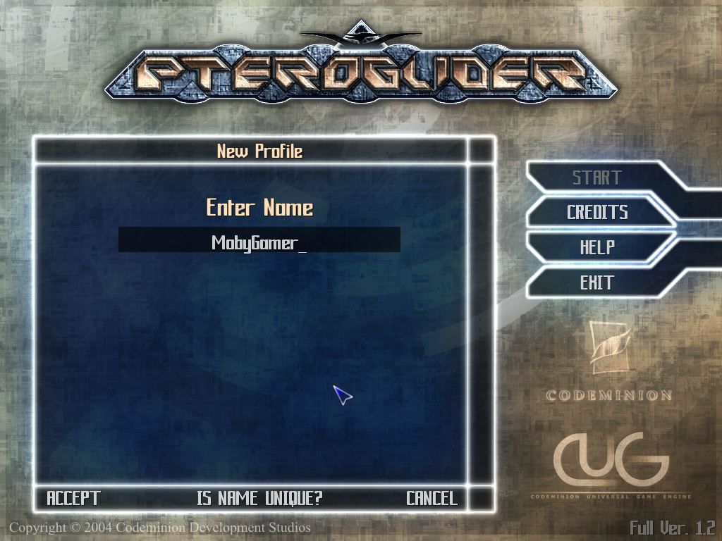 Pteroglider (Windows) screenshot: Main game screen: create a profile.