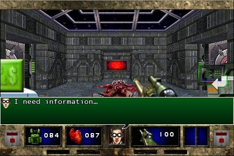 Doom II RPG (iPhone) screenshot: That red terminal is your way into cyberspace.