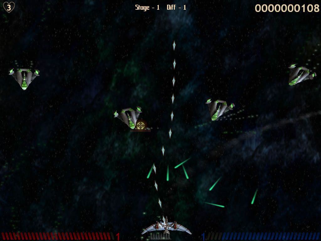Pteroglider (Windows) screenshot: A wave of four ships in the first level