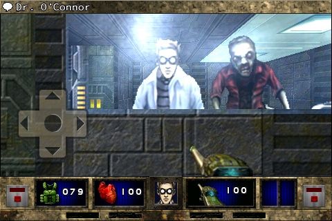 Doom II RPG (iPhone) screenshot: The guy on the left is me - that other one? That's Joe from accounting...