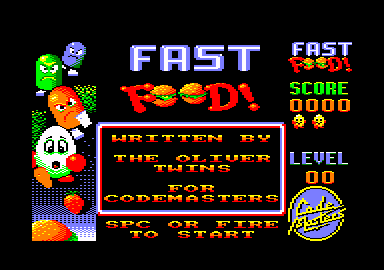 Fast Food (Amstrad CPC) screenshot: Title screen and credits.