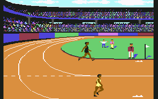 The Games: Summer Edition (Commodore 64) screenshot: Hurdles - getting ready to race.