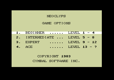 Neoclyps (Commodore 64) screenshot: Title screen and main menu