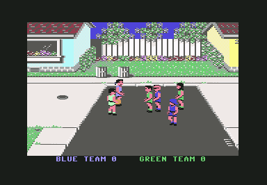 Street Sports Basketball (Commodore 64) screenshot: Starting a game in the suburbs court.