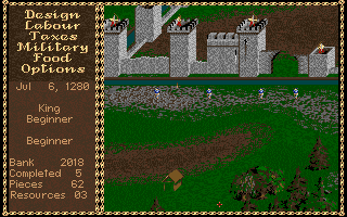 Castles (Amiga) screenshot: An enemy siege weapon comes at the castle through the woods.