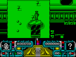 Dalek Attack (ZX Spectrum) screenshot: Using the awnings to scale the Tokyo marketplace.