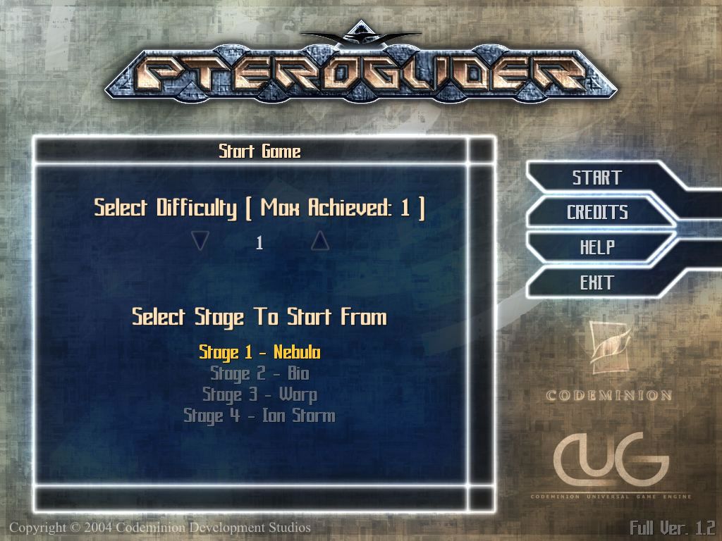 Pteroglider (Windows) screenshot: Level and difficulty selection (unlocked gradually)