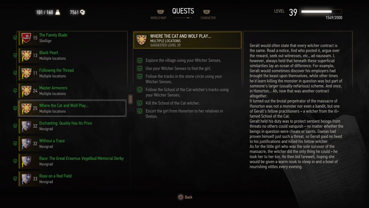 The Witcher 3: Wild Hunt - New Quest: "Where the Cat and the Wolf Play..." (PlayStation 4) screenshot: Quest info with all the objectives finished