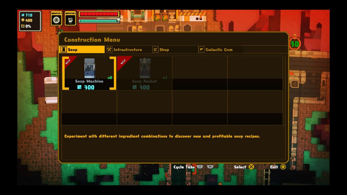 PixelJunk: Nom Nom Galaxy (PlayStation 4) screenshot: Construction menu