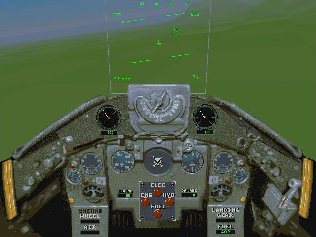 Wings of Thunder (DOS) screenshot: Heading to the enemy base. The weapons system has automatically locked in on something. It won't lock in on friendly or civilian targets so it must be a baddie