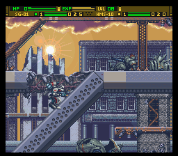 Front Mission: Gun Hazard (SNES) screenshot: Once thriving cities fall under the power of the Wanzers