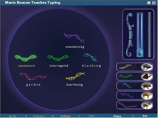 Mavis Beacon Teaches Typing: New UK Version 11 (Windows) screenshot: Creature Lab: The objective is to type the words under the DNA strands