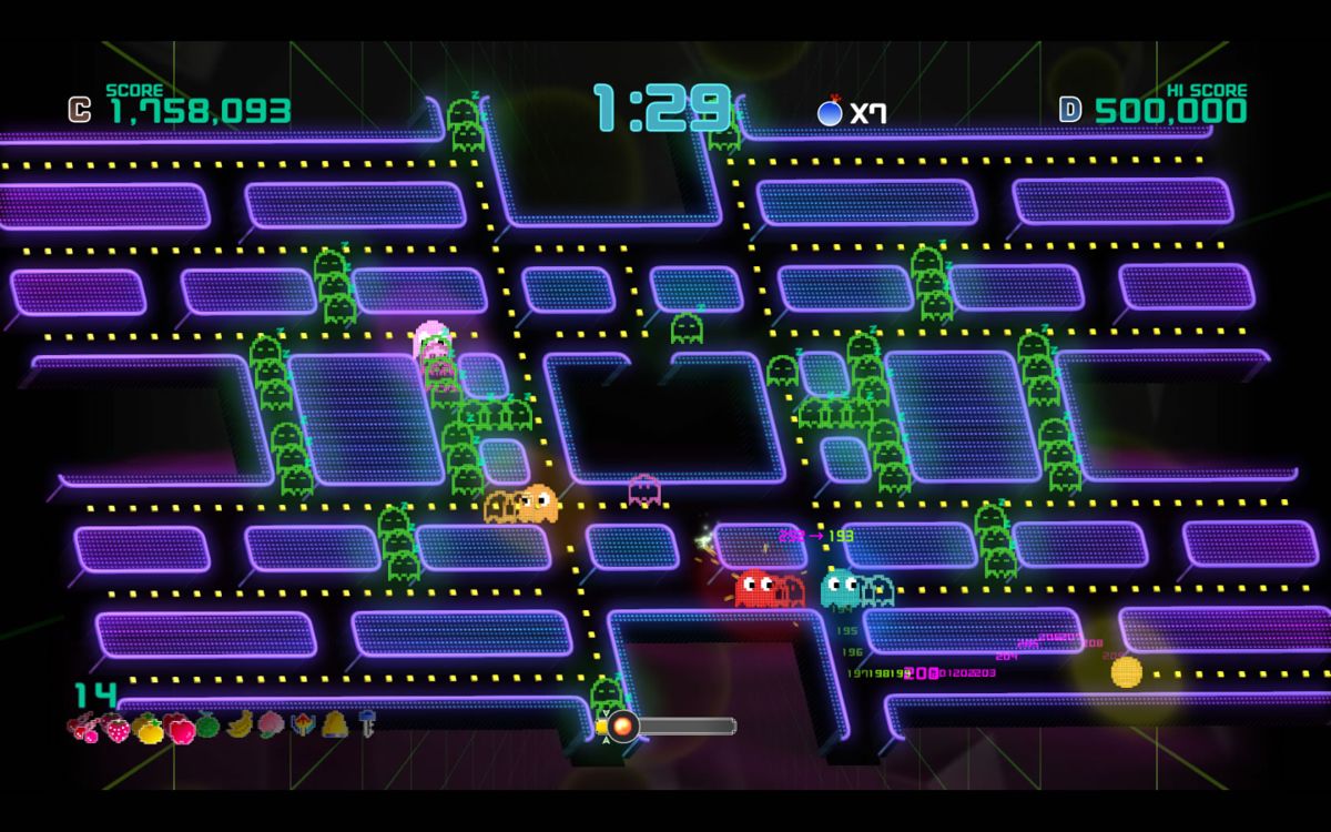 Pac-Man: Championship Edition 2 (Windows) screenshot: A tilted view with many sleeping ghosts in the maze.