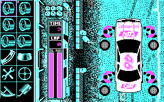 Days of Thunder (DOS) screenshot: The Pit Stop (CGA)