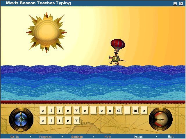 Mavis Beacon Teaches Typing: New UK Version 11 (Windows) screenshot: Far Off Adventures: The target text is on the top line, the pupils typing is on the second. This is a game to promote steady rhythmic typing