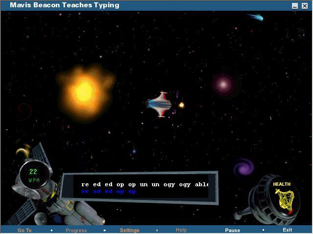 Mavis Beacon Teaches Typing: New UK Version 11 (Windows) screenshot: Space Junk: fast accurate typing sees the debris being blasted before it hits the space station