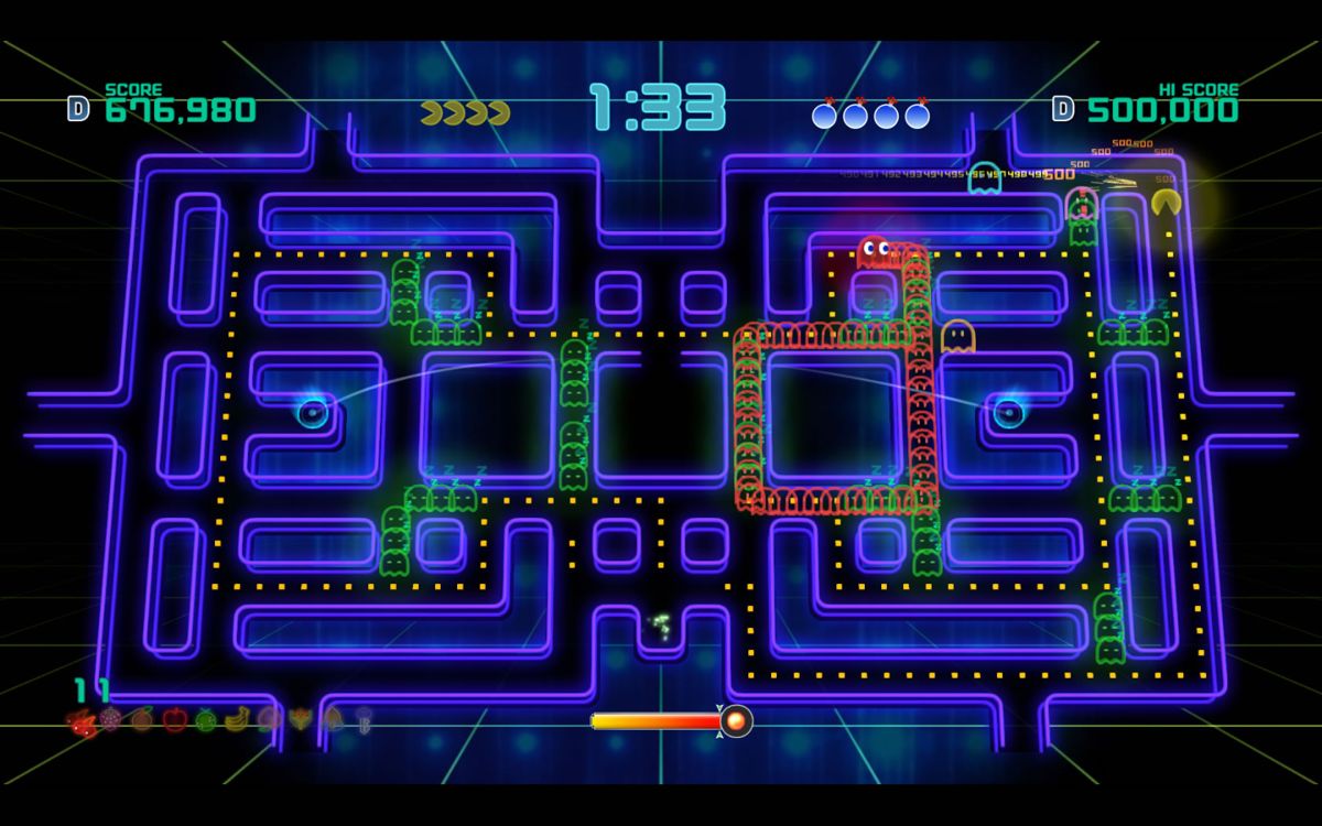 Pac-Man: Championship Edition 2 (Windows) screenshot: The red one is the only ghost you need to worry about. The others you can hit as many times as you want, they only block the path.