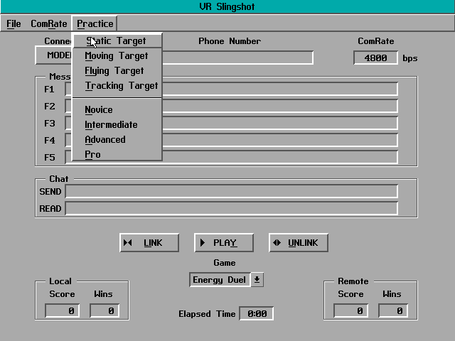 VR Slingshot (DOS) screenshot: The main menu screen. The focus of this screen is primarily to connect with other players with the modem being the default means of connection