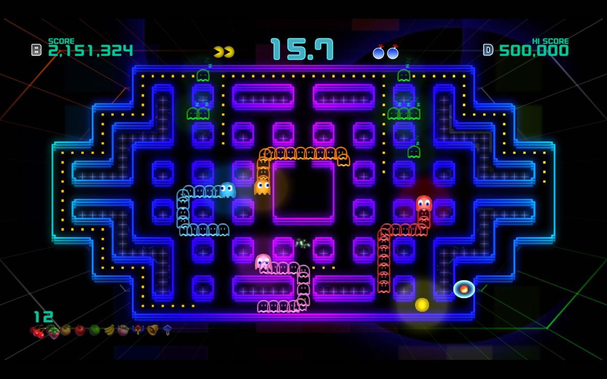 Pac-Man: Championship Edition 2 (Windows) screenshot: The four ghosts each have a train while I am chasing a runaway power pill in the bottom right corner.