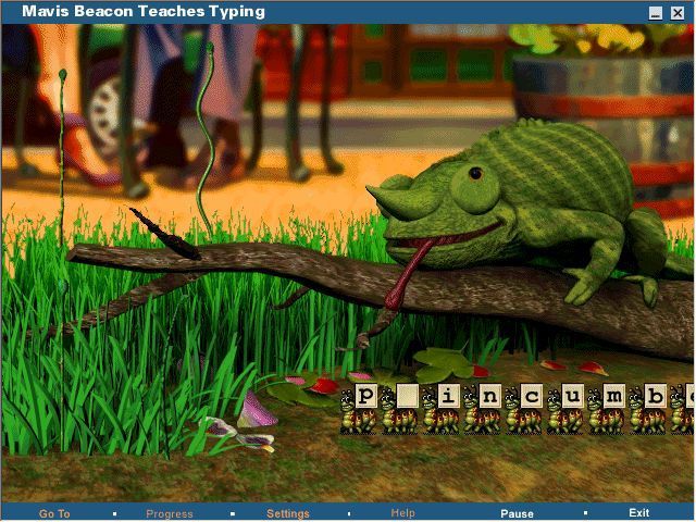 Mavis Beacon Teaches Typing: New UK Version 11 (Windows) screenshot: Chameleon Picnic: Each correct letter means an ant gets eaten