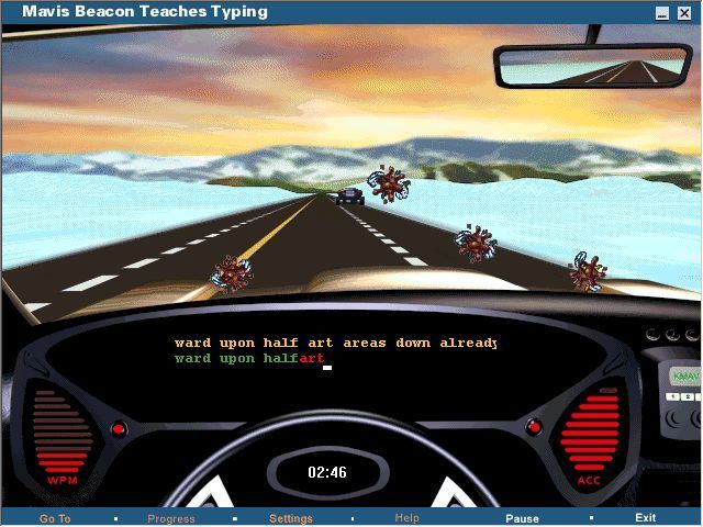 Mavis Beacon Teaches Typing: New UK Version 11 (Windows) screenshot: Road Race: Fast accurate typing are needed to keep up with the rival car. Each bug on the windshield represents an error