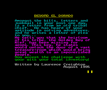 Beyond Eldorado (ZX Spectrum) screenshot: The backstory
