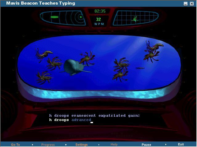 Mavis Beacon Teaches Typing: New UK Version 11 (Windows) screenshot: Shark Attack: this is viewed through the diver's goggles. Fast typing is needed to stay ahead of the shark that's behind us. Each bug on the goggles represents an error