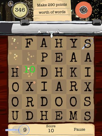 Pulp Diction: Word Detective (iPad) screenshot: Core gameplay - Make words to solve the case.