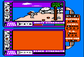 Spy vs. Spy: The Island Caper (Apple II) screenshot: On the beach with the rocket!