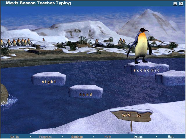 Mavis Beacon Teaches Typing: New UK Version 11 (Windows) screenshot: Penguin Crossing: Type the word on the ice floe so the penguin can jump to the next
