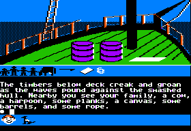Swiss Family Robinson (Apple II) screenshot: Start of the game aboard shipwrecked ship.