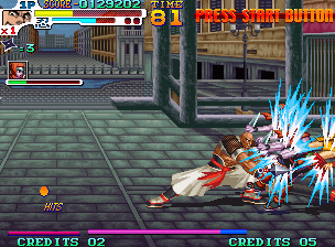 Sengoku 3 (Neo Geo) screenshot: Kongoh is slow, but has powerful punches and a wide reach.