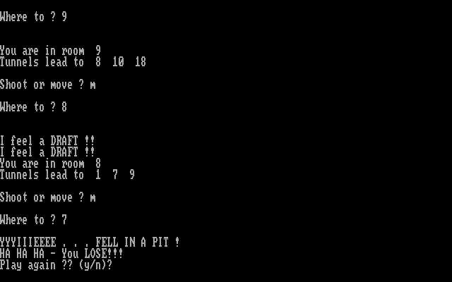 Wumpus II (DOS) screenshot: If you feel a draft, then a pit is nearby