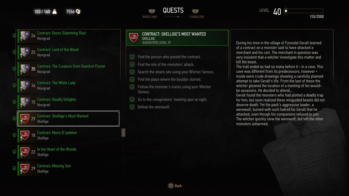 The Witcher 3: Wild Hunt - New Quest: "Contract: Skellige's Most Wanted" (PlayStation 4) screenshot: Quest info with all the objectives finished