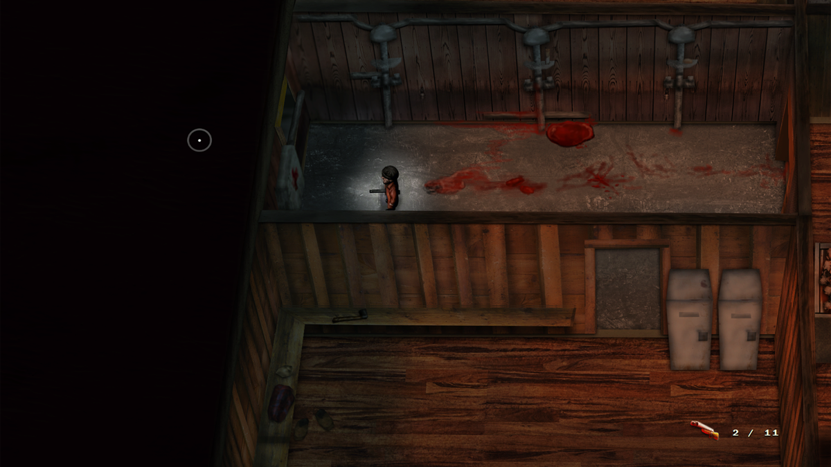 Kalaban (Windows) screenshot: Bloody stains in the showers of a lakeside sauna.