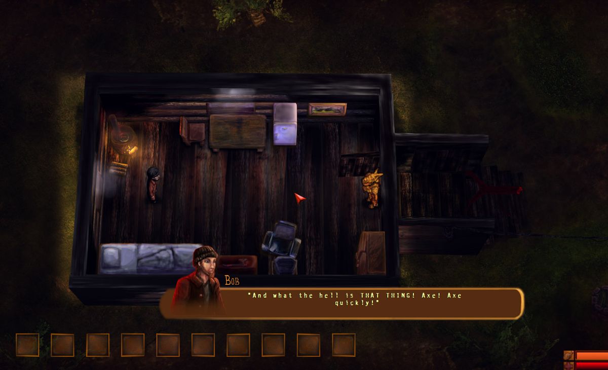 Kalaban (Windows) screenshot: Development screenshot, early alpha from 2015. Bob's cabin is attacked by a mutant monster.