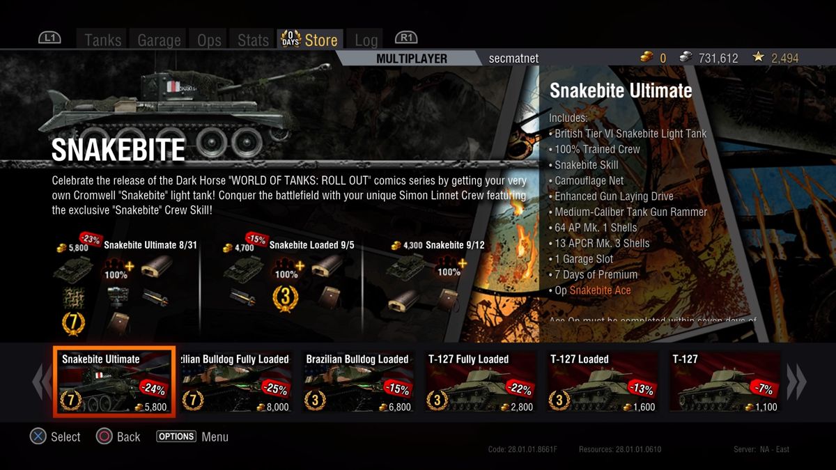 World of Tanks: Snakebite Ultimate Bundle (PlayStation 4) screenshot: Snakebite Ultimate set can also be bought for in-game gold currency